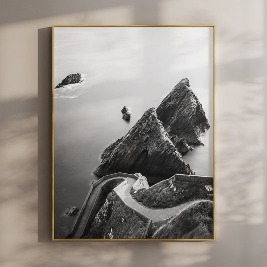 Dunquin Pier Wall Art Print – Black and White Coastal Landscape