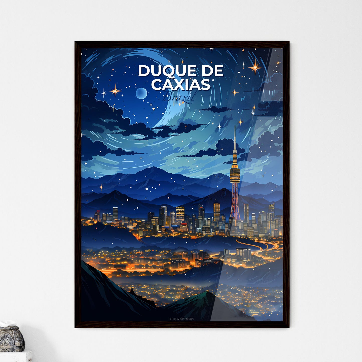Artistic Cityscape Painting, Duque de Caxias Brazil Skyline, Mountain Range, Night Sky, Vibrant Colors Default Title