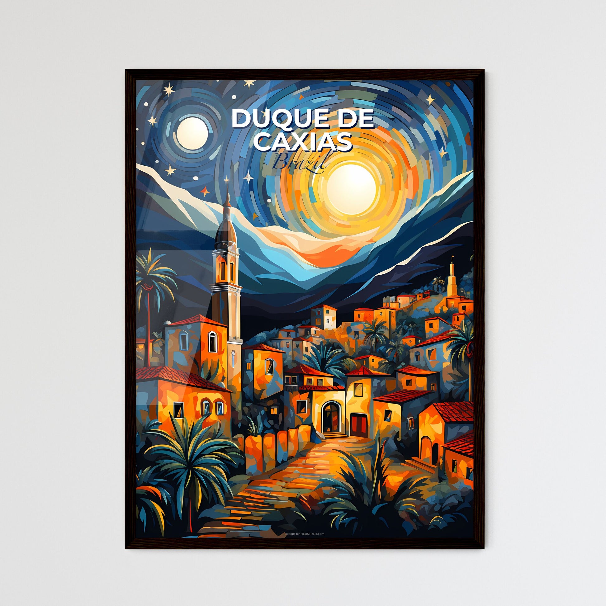 Colorful Painting Depicts Town Skyline with Palm Trees and Mountains in Duque de Caxias Brazil Default Title