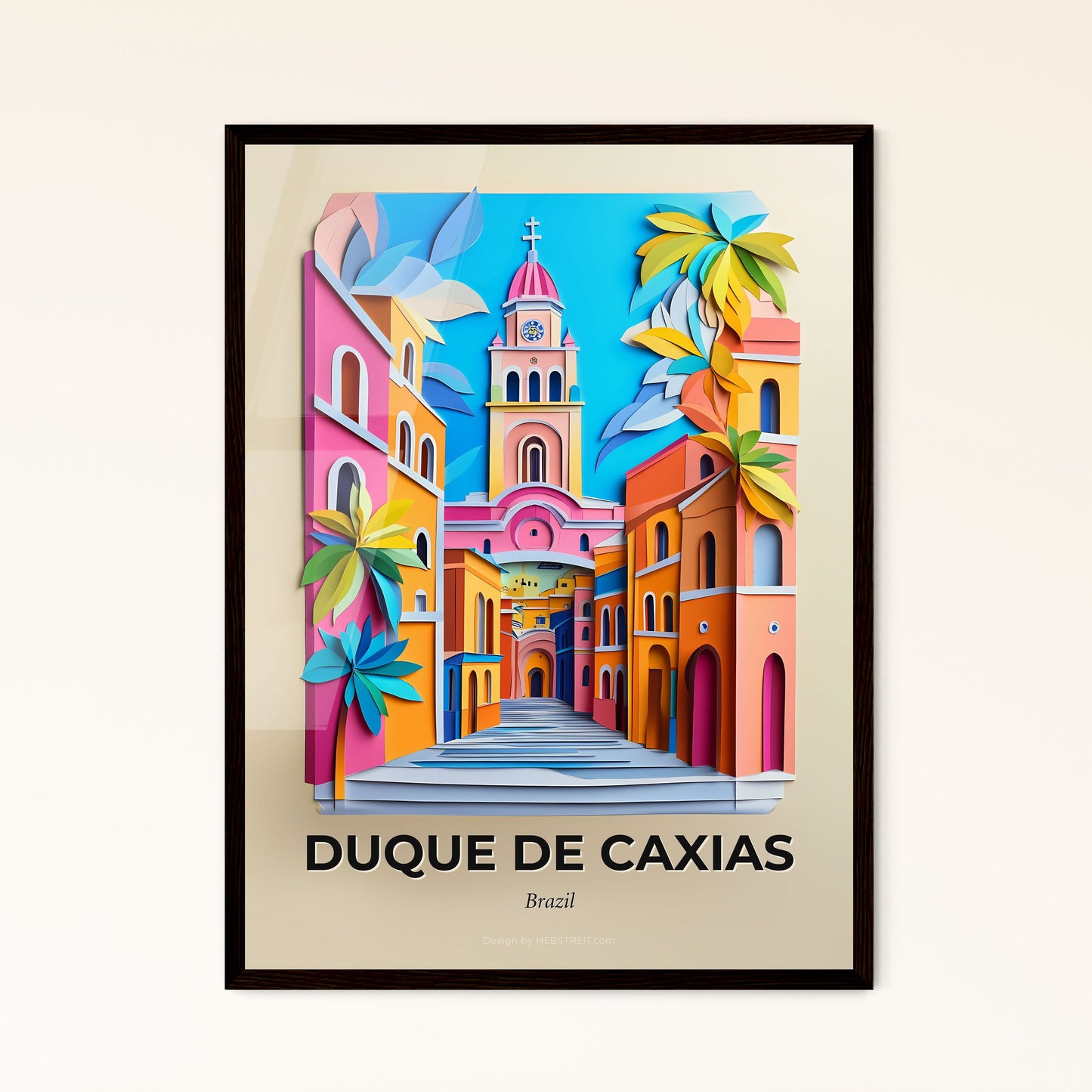 Vivid Duque de Caxias, Brazil - a painting of a colorful street with a church