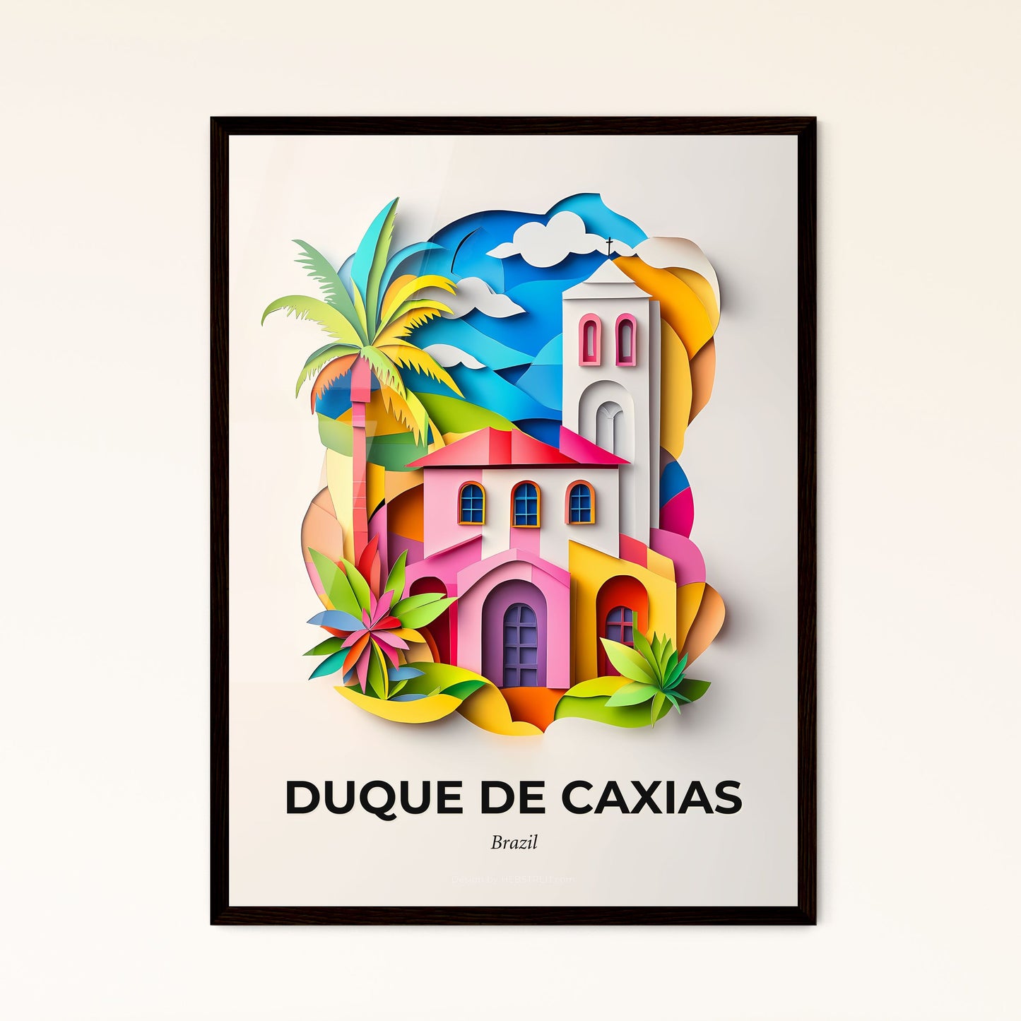 Vivid Duque de Caxias, Brazil - a colorful paper cut of a church and palm trees