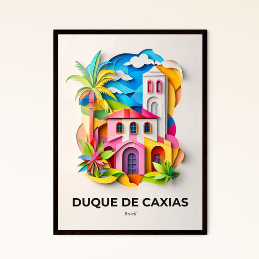 Vivid Duque de Caxias, Brazil - a colorful paper cut of a church and palm trees