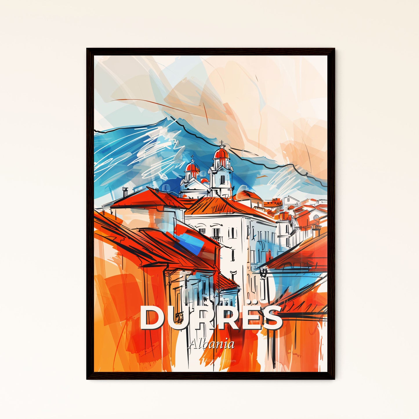 Vibrant Durrës, Albania - A Drawing Of A Town With Red Roofs