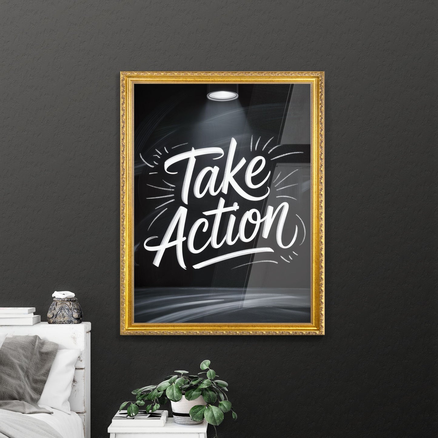 Dynamic Hand-Lettered Chalkboard Design Encouraging Action in an Inspiring, Bright Spotlight Setting.