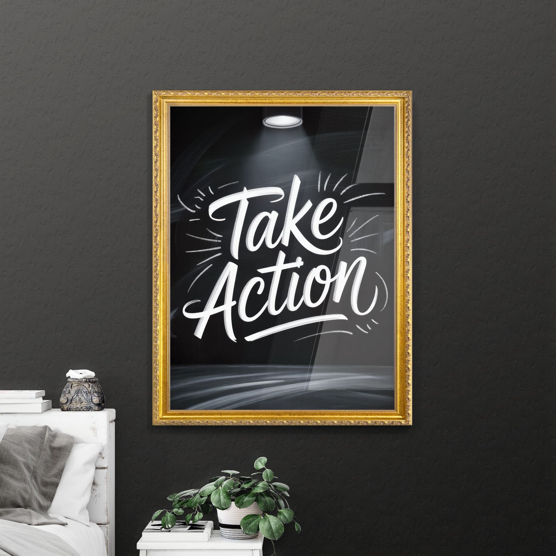 Dynamic Hand-Lettered Chalkboard Design Encouraging Action in an Inspiring, Bright Spotlight Setting.