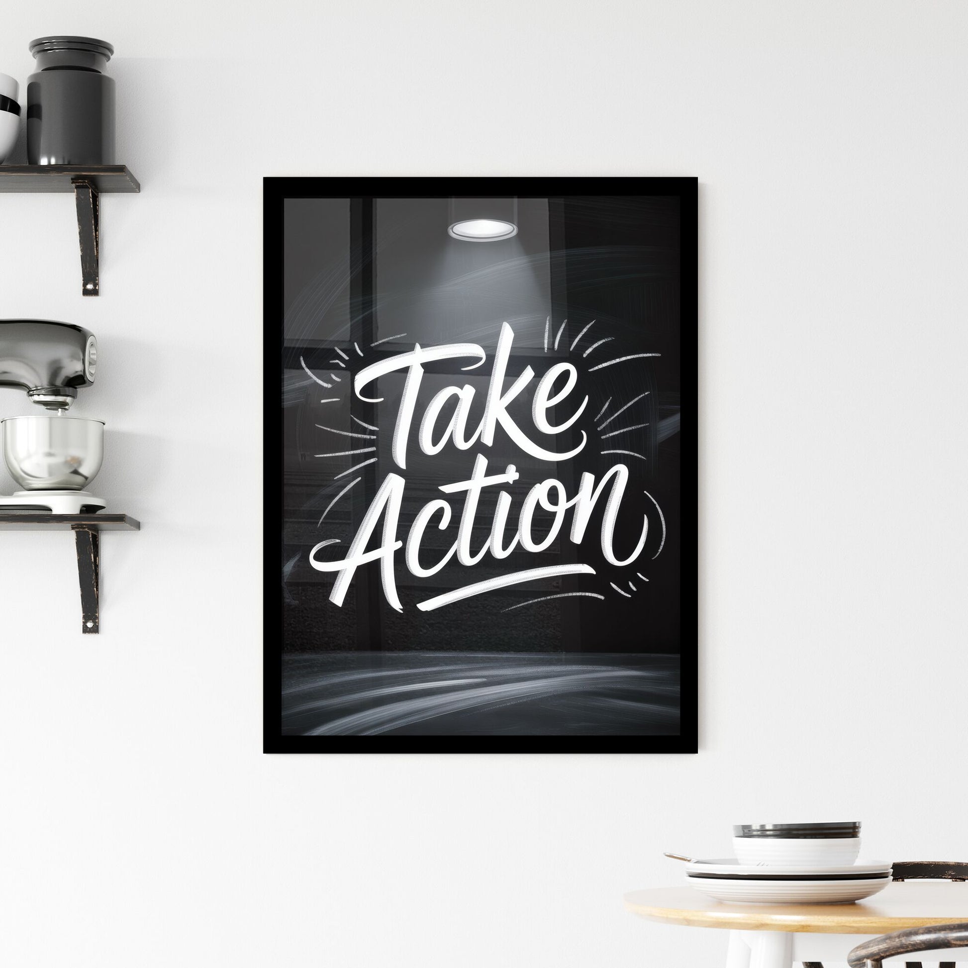 Dynamic Hand-Lettered Chalkboard Design Encouraging Action in an Inspiring, Bright Spotlight Setting. Framed Print