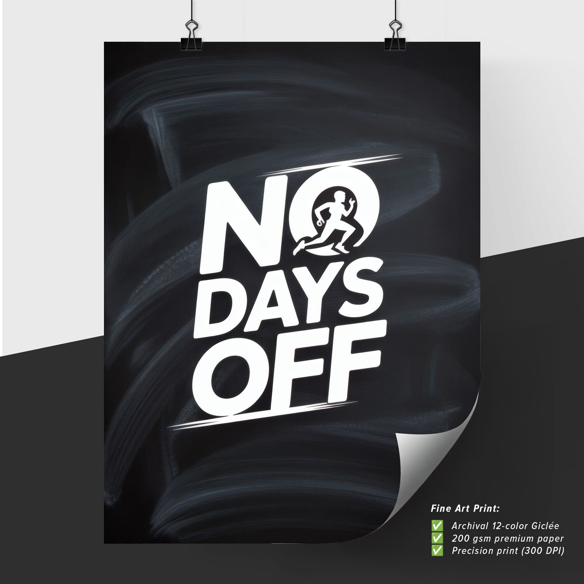 Dynamic Motivational Quote on a Chalkboard Background: 'No Days Off' for Fitness Enthusiasts and Goal-Driven Individuals.