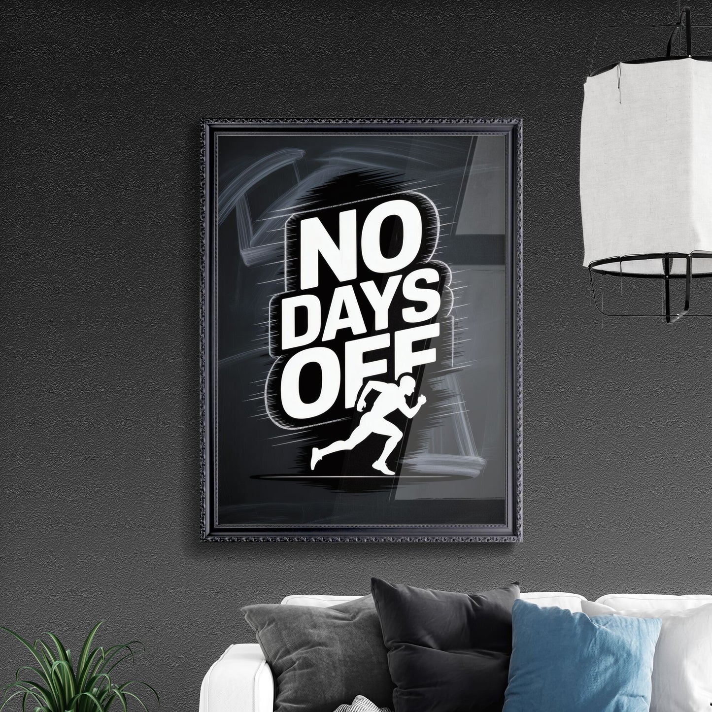 Dynamic Running Graphic with Bold 'No Days Off' Motivational Statement on Dark Background.