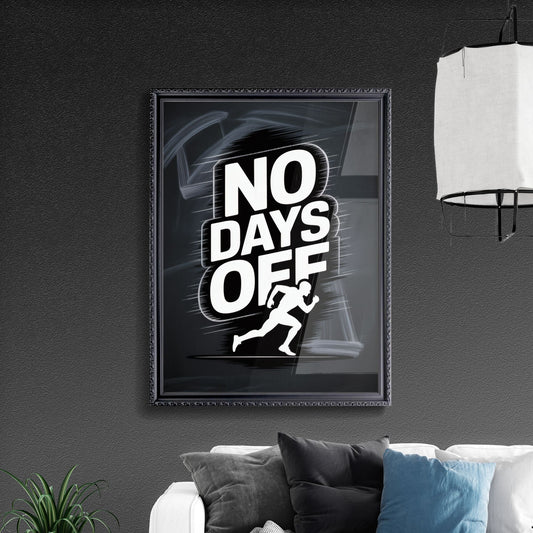 Dynamic Running Graphic with Bold 'No Days Off' Motivational Statement on Dark Background.