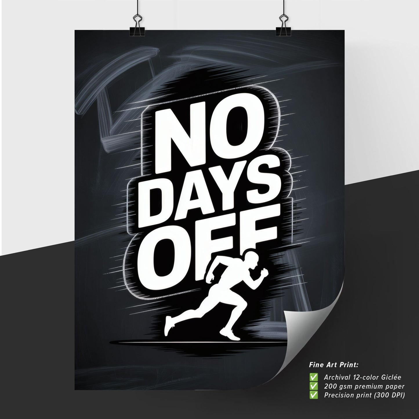 Dynamic Running Graphic with Bold 'No Days Off' Motivational Statement on Dark Background.