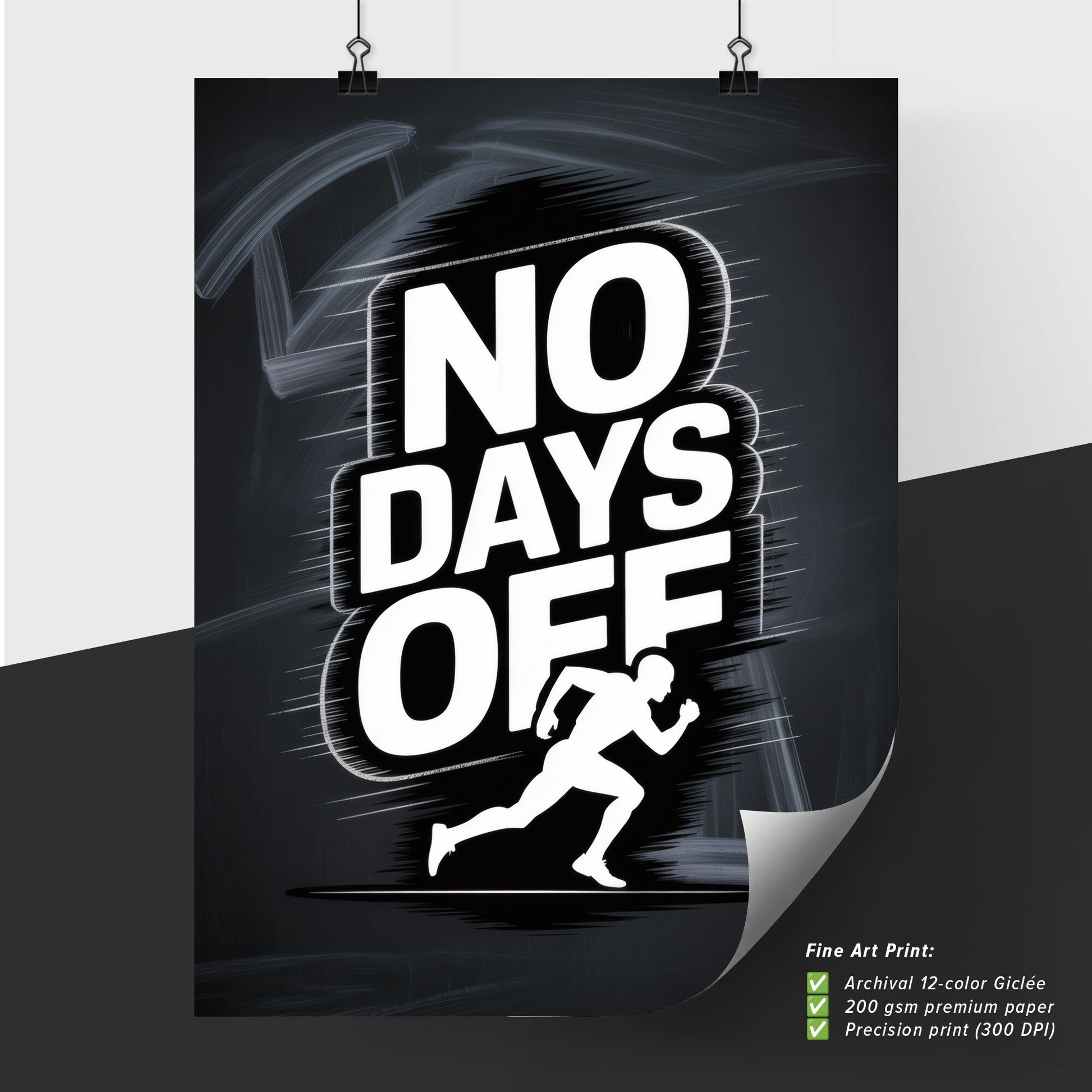 Dynamic Running Graphic with Bold 'No Days Off' Motivational Statement on Dark Background.