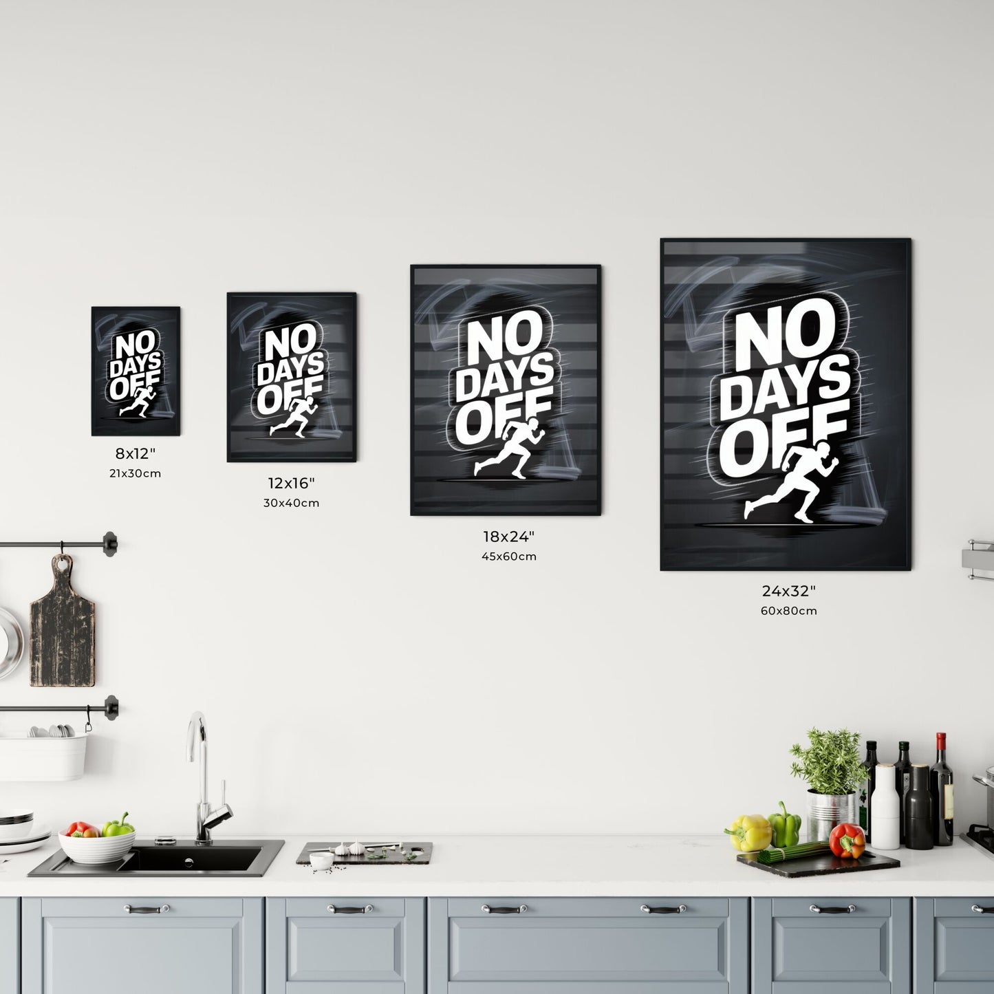 Dynamic Running Graphic with Bold 'No Days Off' Motivational Statement on Dark Background. Chart