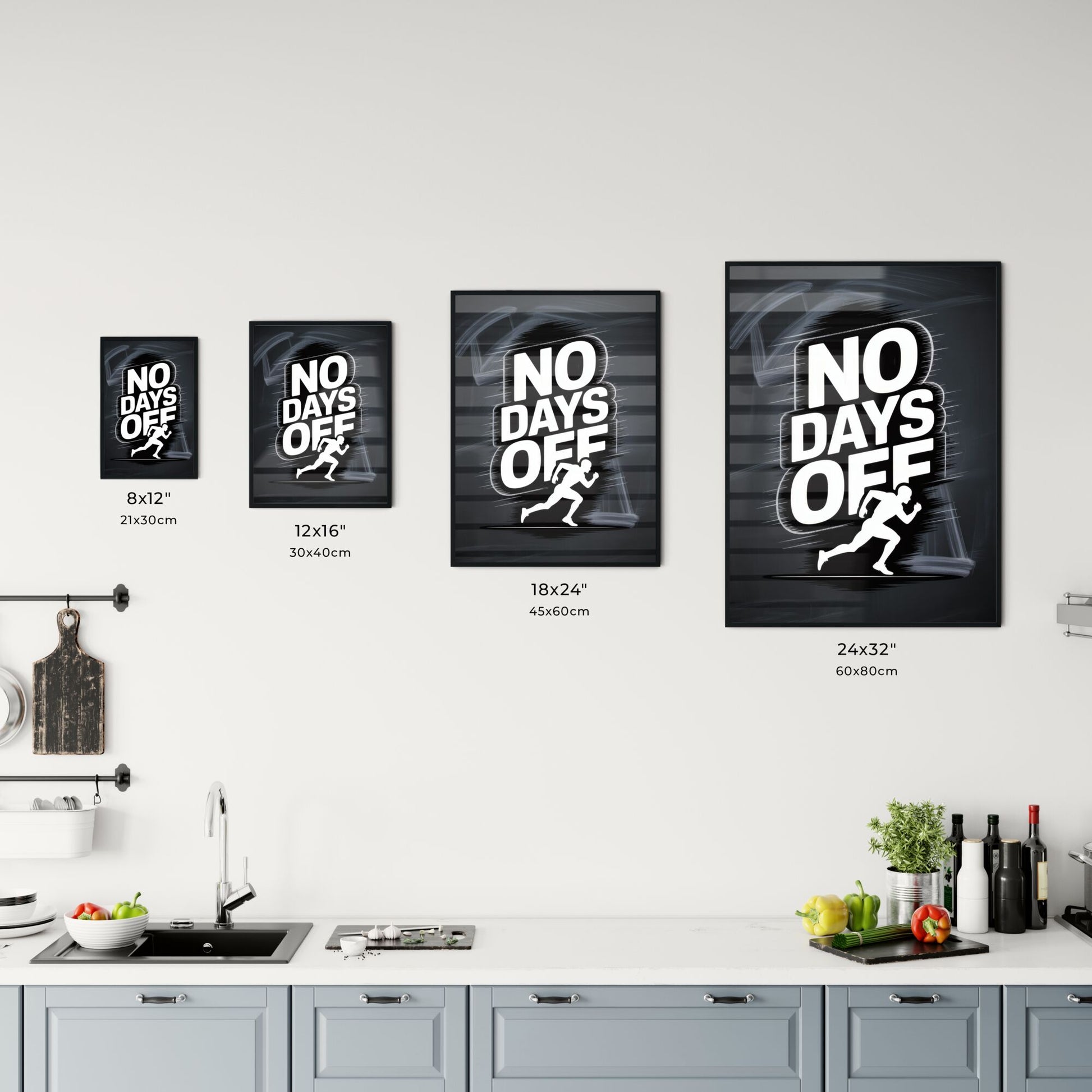 Dynamic Running Graphic with Bold 'No Days Off' Motivational Statement on Dark Background. Chart