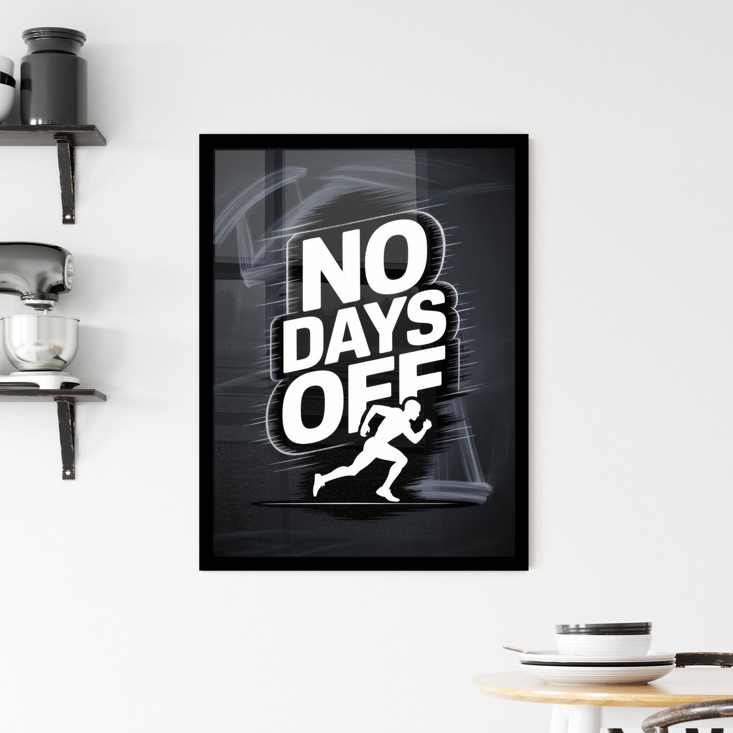Dynamic Running Graphic with Bold 'No Days Off' Motivational Statement on Dark Background. Framed Print