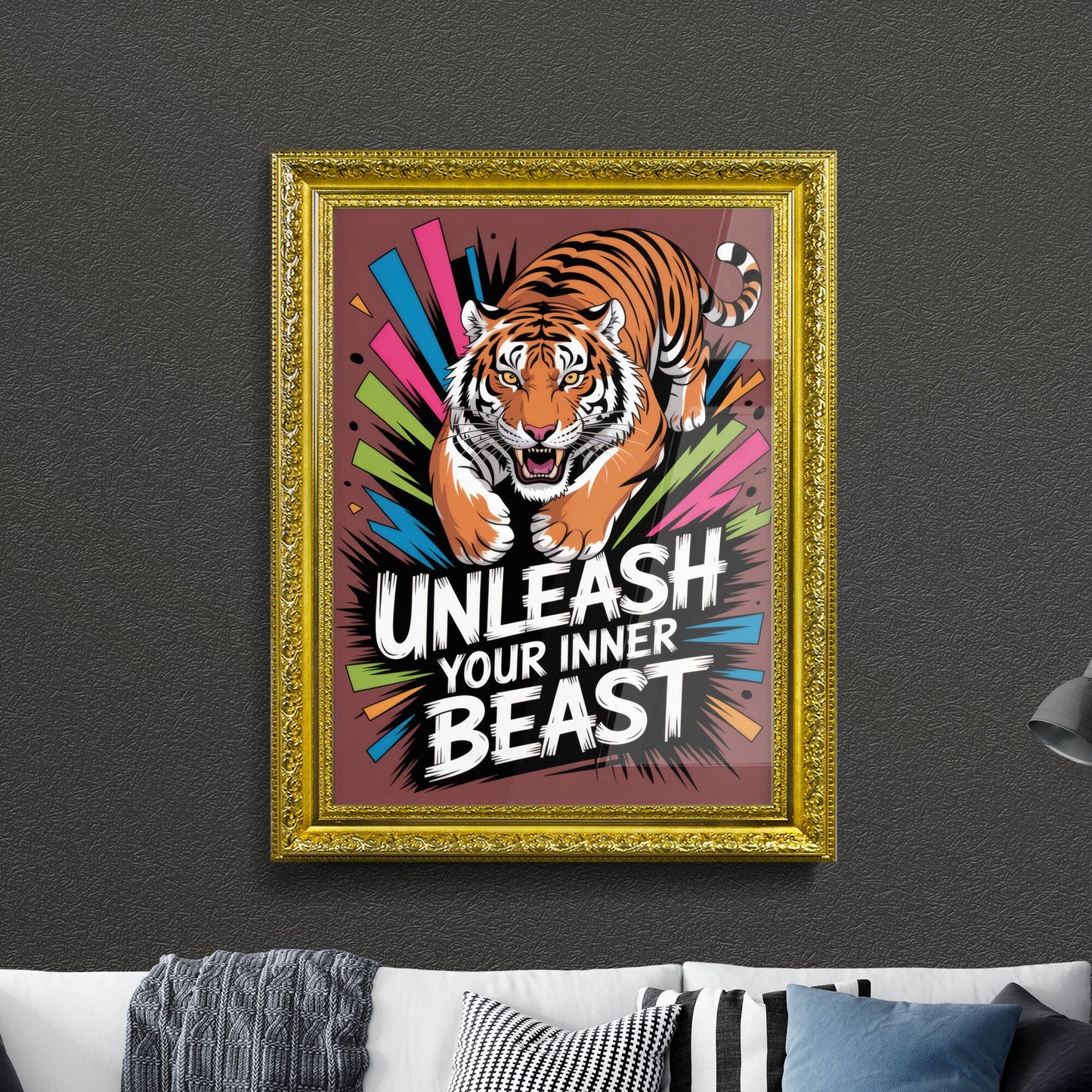 Dynamic Tiger Illustration with Bold Text: Unleash Your Inner Beast for Motivational Art and Design.