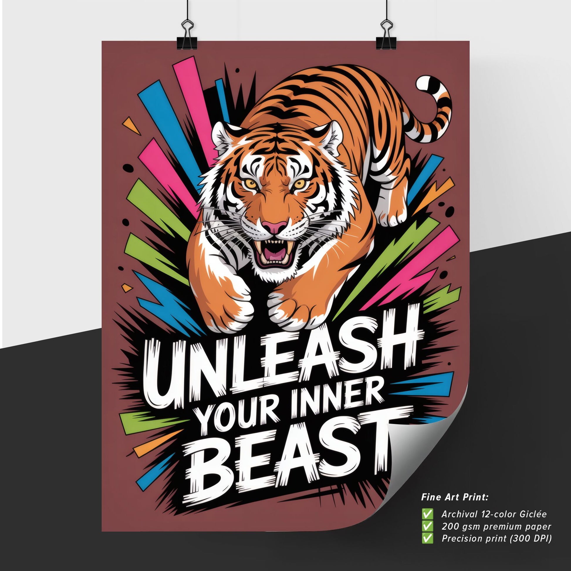 Dynamic Tiger Illustration with Bold Text: Unleash Your Inner Beast for Motivational Art and Design.
