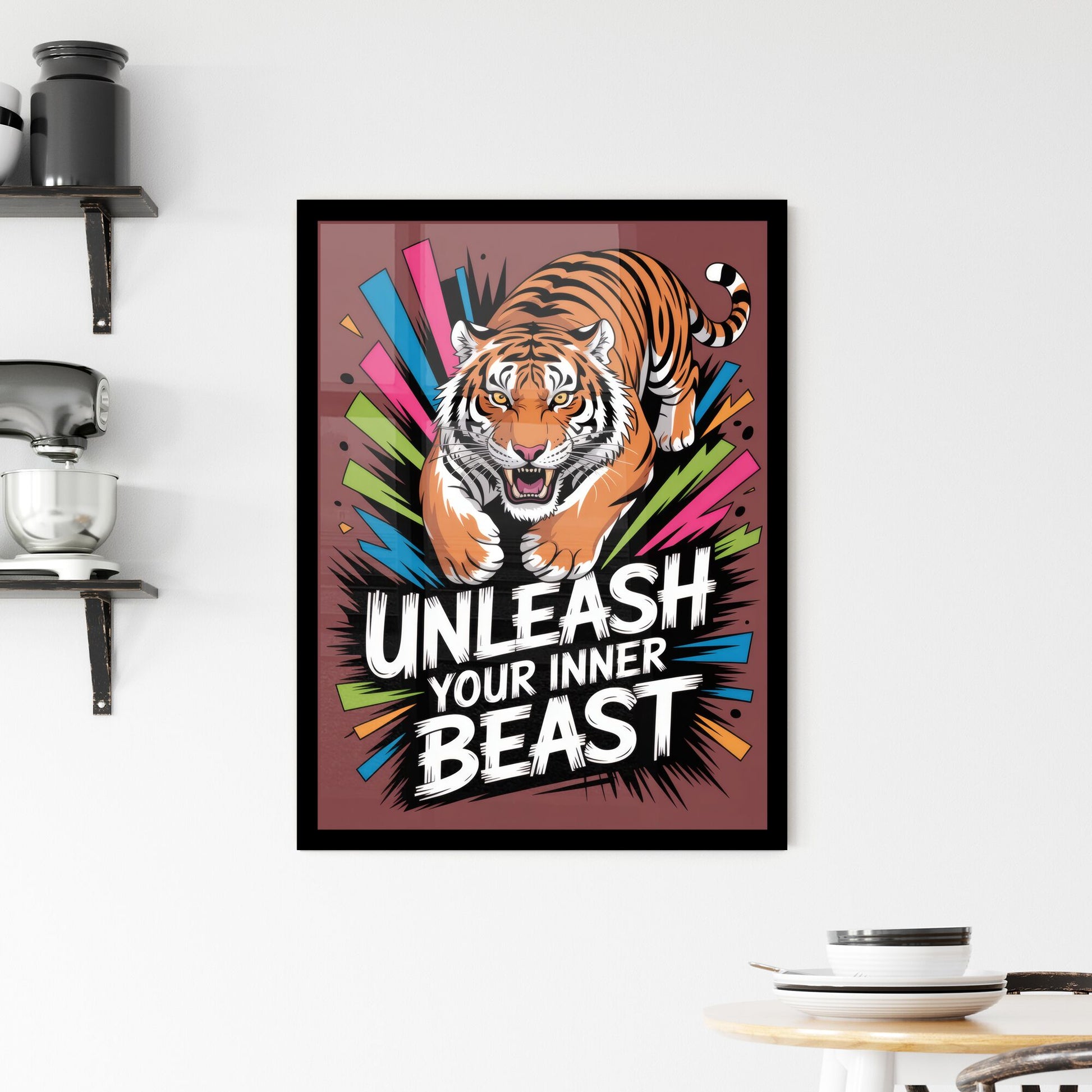 Dynamic Tiger Illustration with Bold Text: Unleash Your Inner Beast for Motivational Art and Design. Framed Print