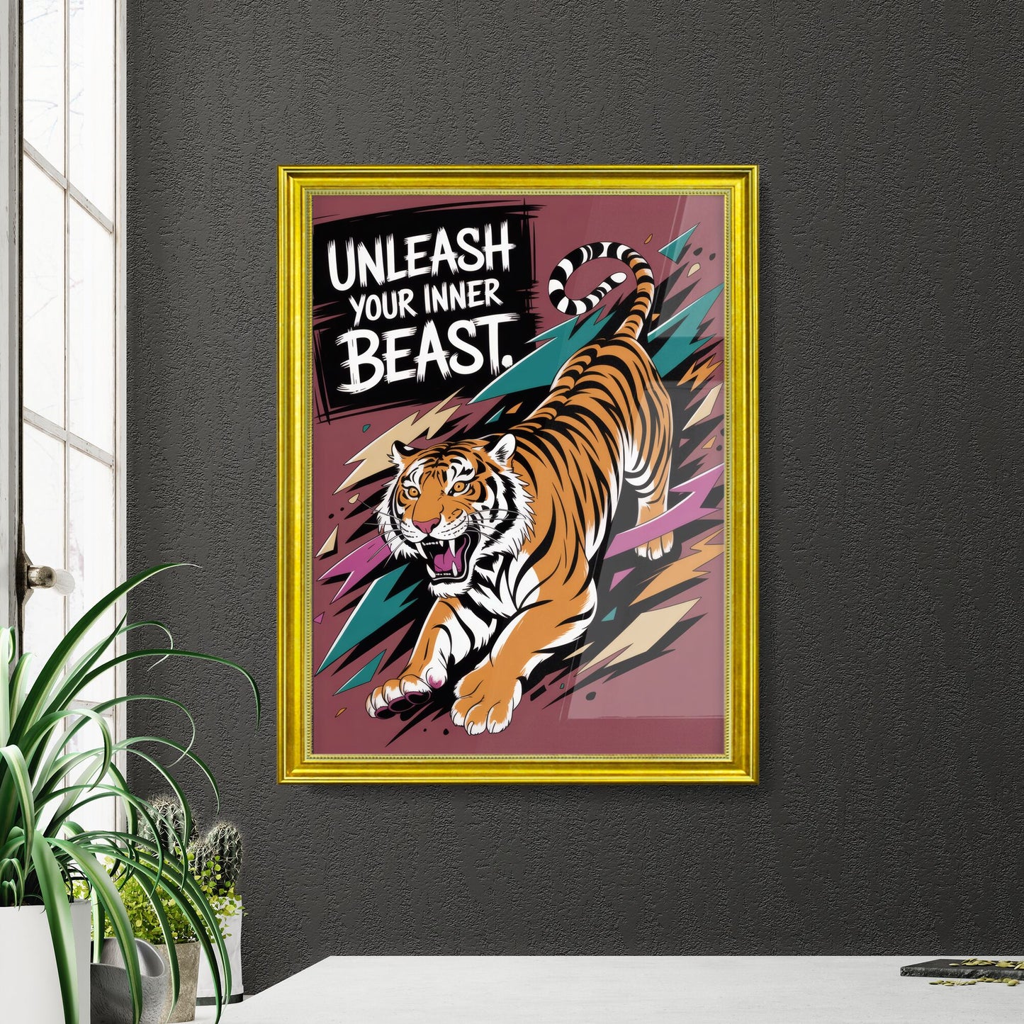 Dynamic Tiger Illustration with Bold Phrase 'Unleash Your Inner Beast' in Vibrant Colors.
