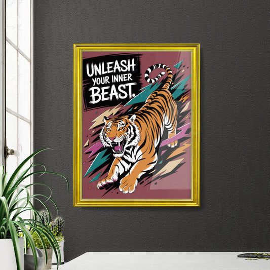 Dynamic Tiger Illustration with Bold Phrase 'Unleash Your Inner Beast' in Vibrant Colors.
