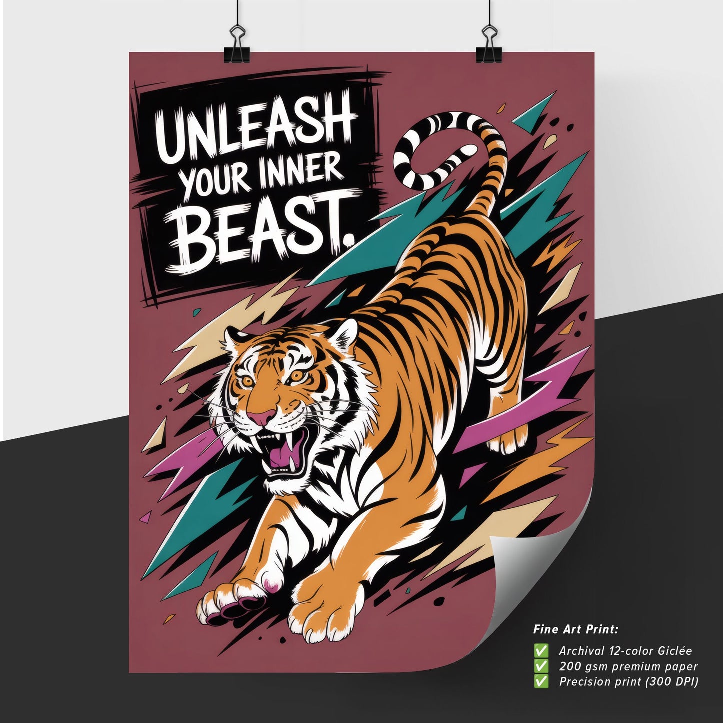 Dynamic Tiger Illustration with Bold Phrase 'Unleash Your Inner Beast' in Vibrant Colors.
