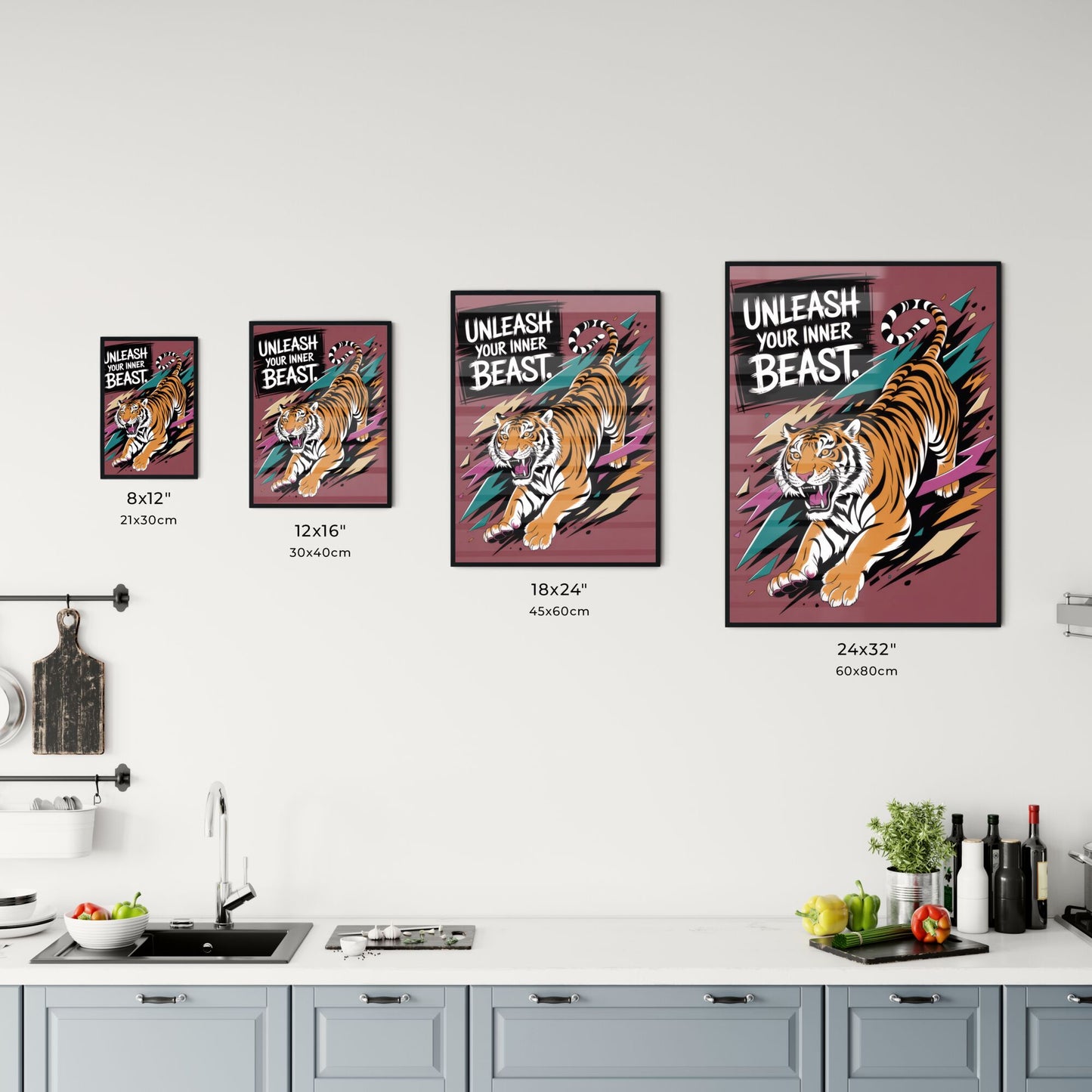 Dynamic Tiger Illustration with Bold Phrase 'Unleash Your Inner Beast' in Vibrant Colors. Chart
