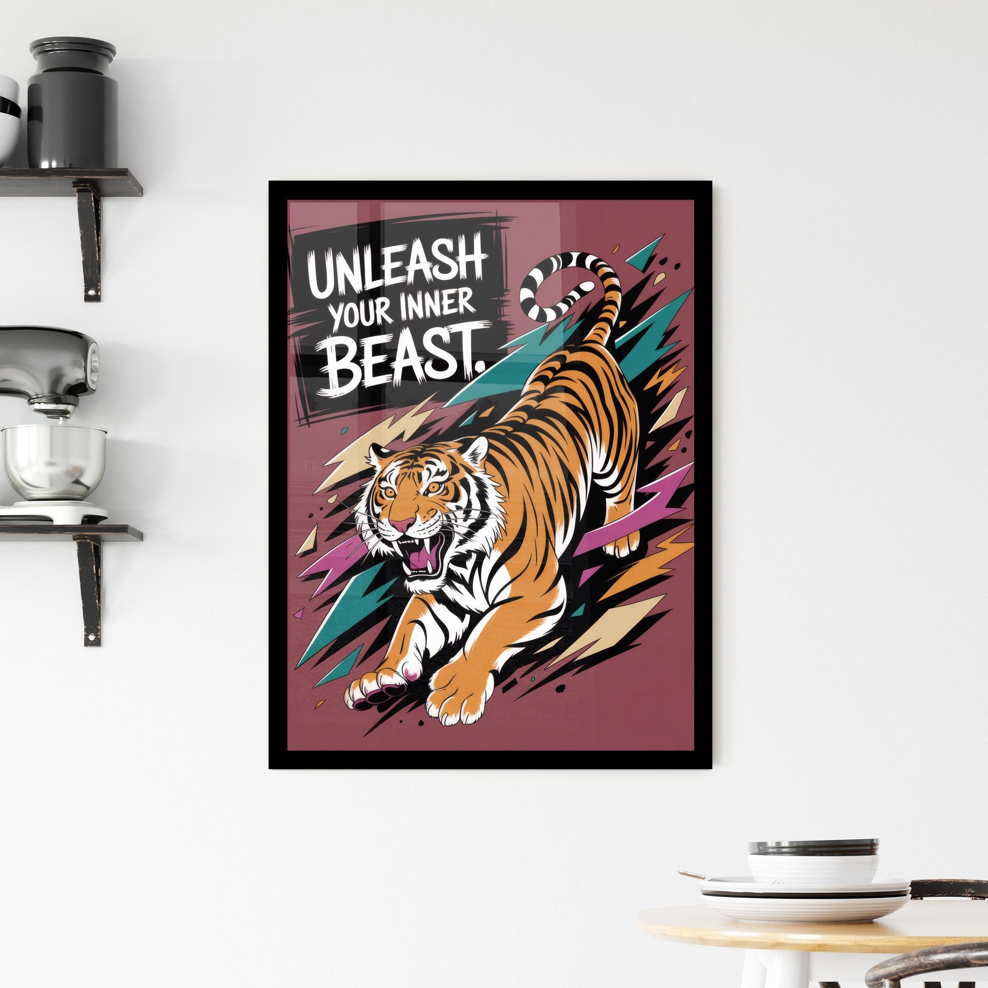Dynamic Tiger Illustration with Bold Phrase 'Unleash Your Inner Beast' in Vibrant Colors. Framed Print