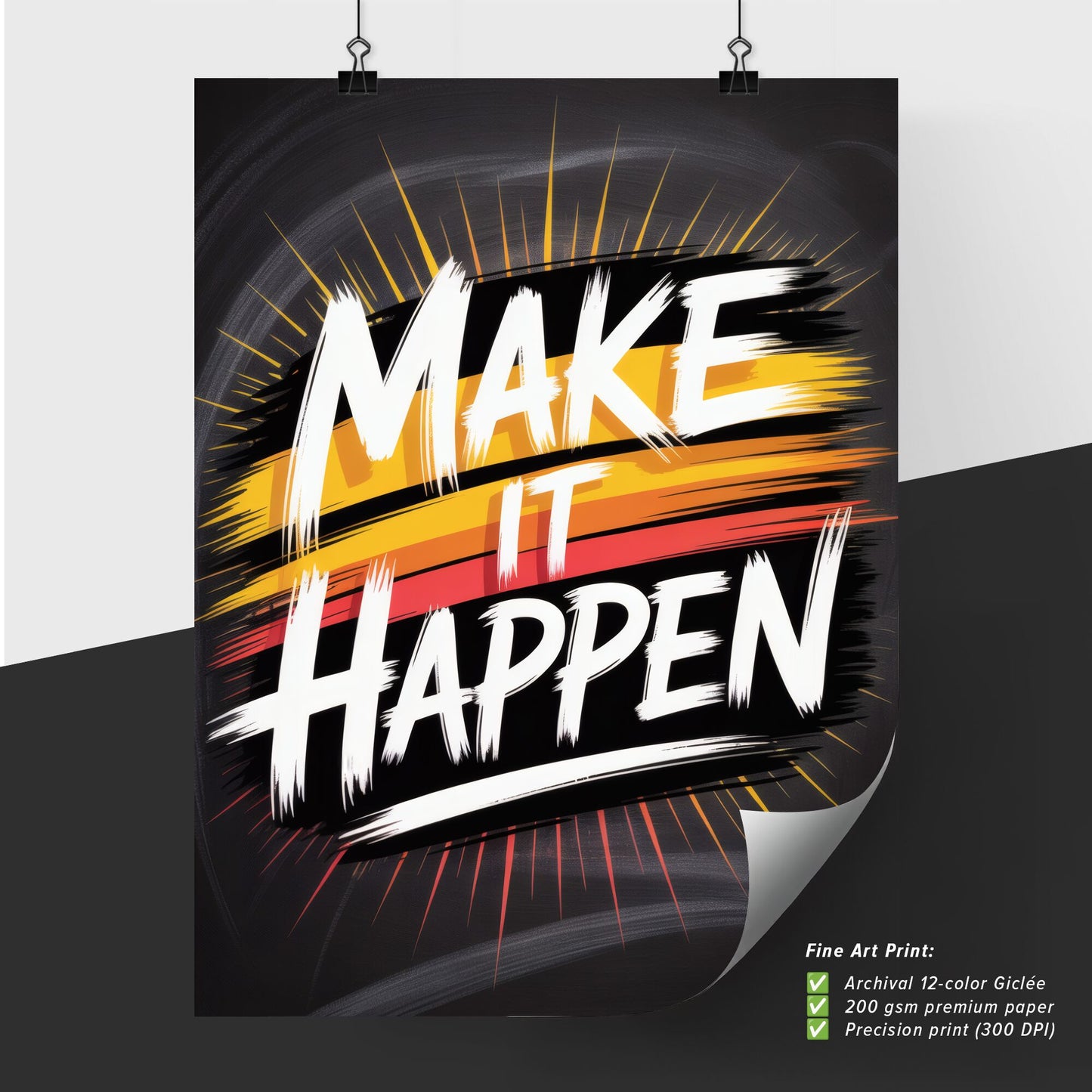 Dynamic Typography Art: 'Make It Happen' with Bold Colors and Energetic Design for Motivation and Inspiration.