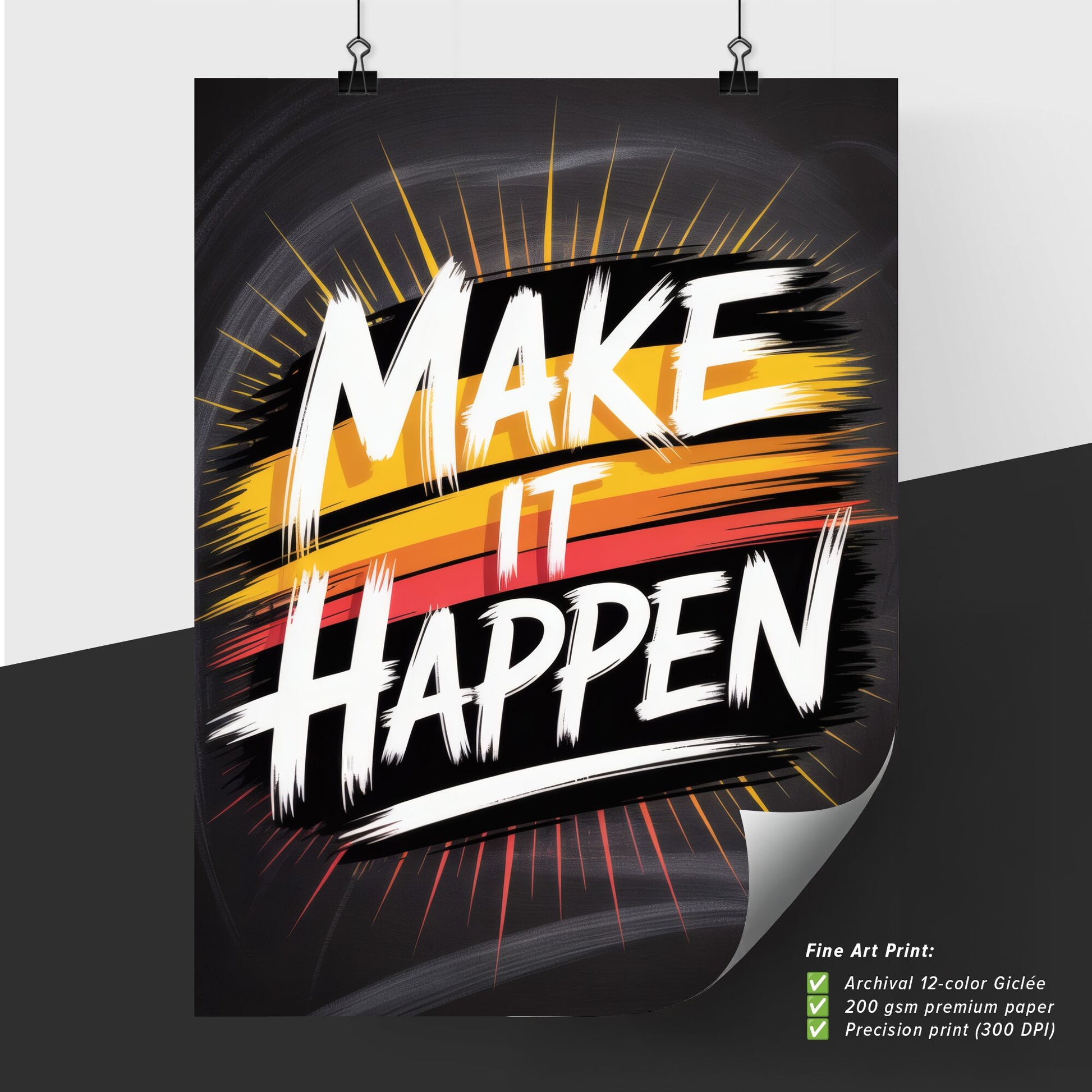 Dynamic Typography Art: 'Make It Happen' with Bold Colors and Energetic Design for Motivation and Inspiration.