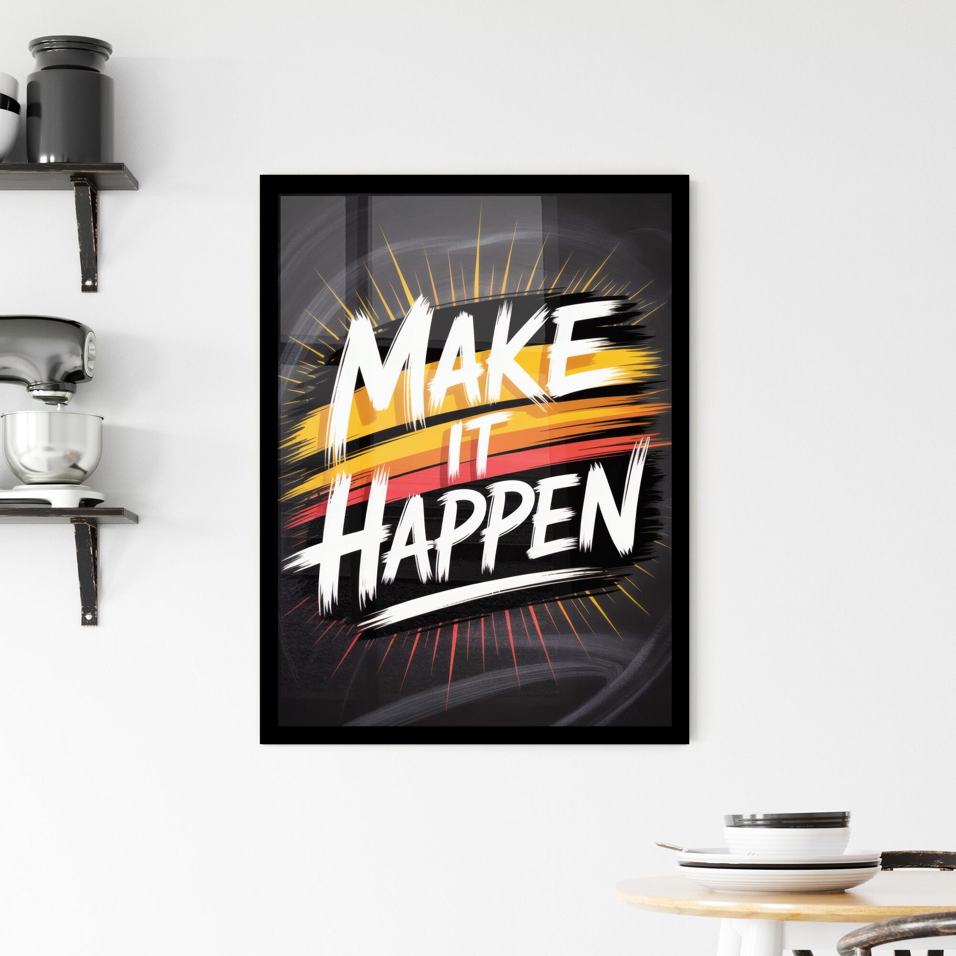 Dynamic Typography Art: 'Make It Happen' with Bold Colors and Energetic Design for Motivation and Inspiration. Framed Print