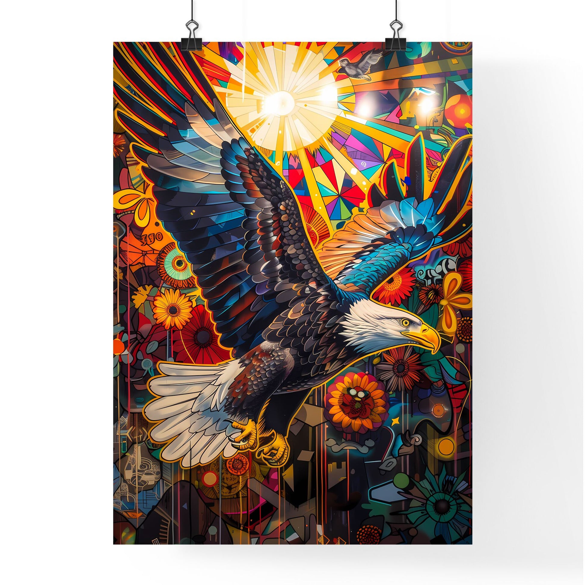 Psychedelic Eagle Soaring Amidst Vibrant Pop Art Landscape, Graffiti, Stained Glass, and Ray of Sunlight Default Title