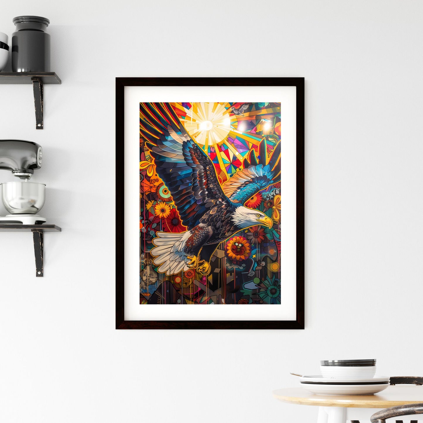 Psychedelic Eagle Soaring Amidst Vibrant Pop Art Landscape, Graffiti, Stained Glass, and Ray of Sunlight Default Title