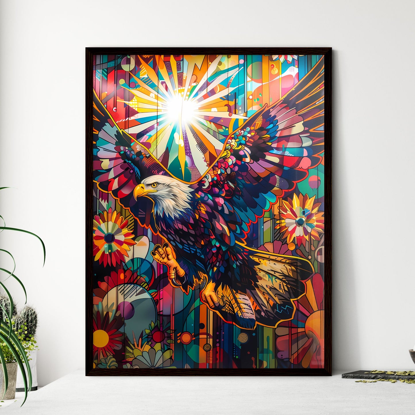 Psychedelic Eagle Painting: Vibrant Pop Art Deco Graffiti Over Stained Glass Landscape Default Title