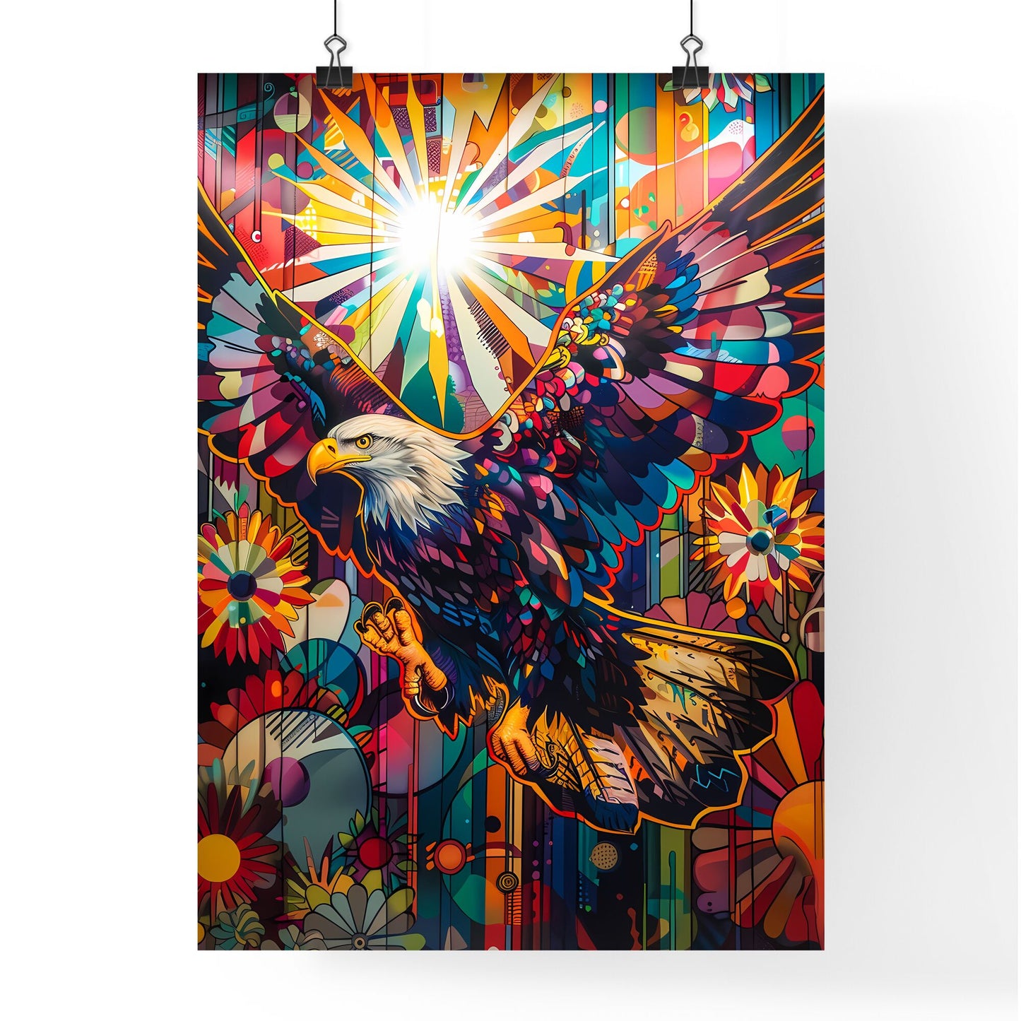 Psychedelic Eagle Painting: Vibrant Pop Art Deco Graffiti Over Stained Glass Landscape Default Title