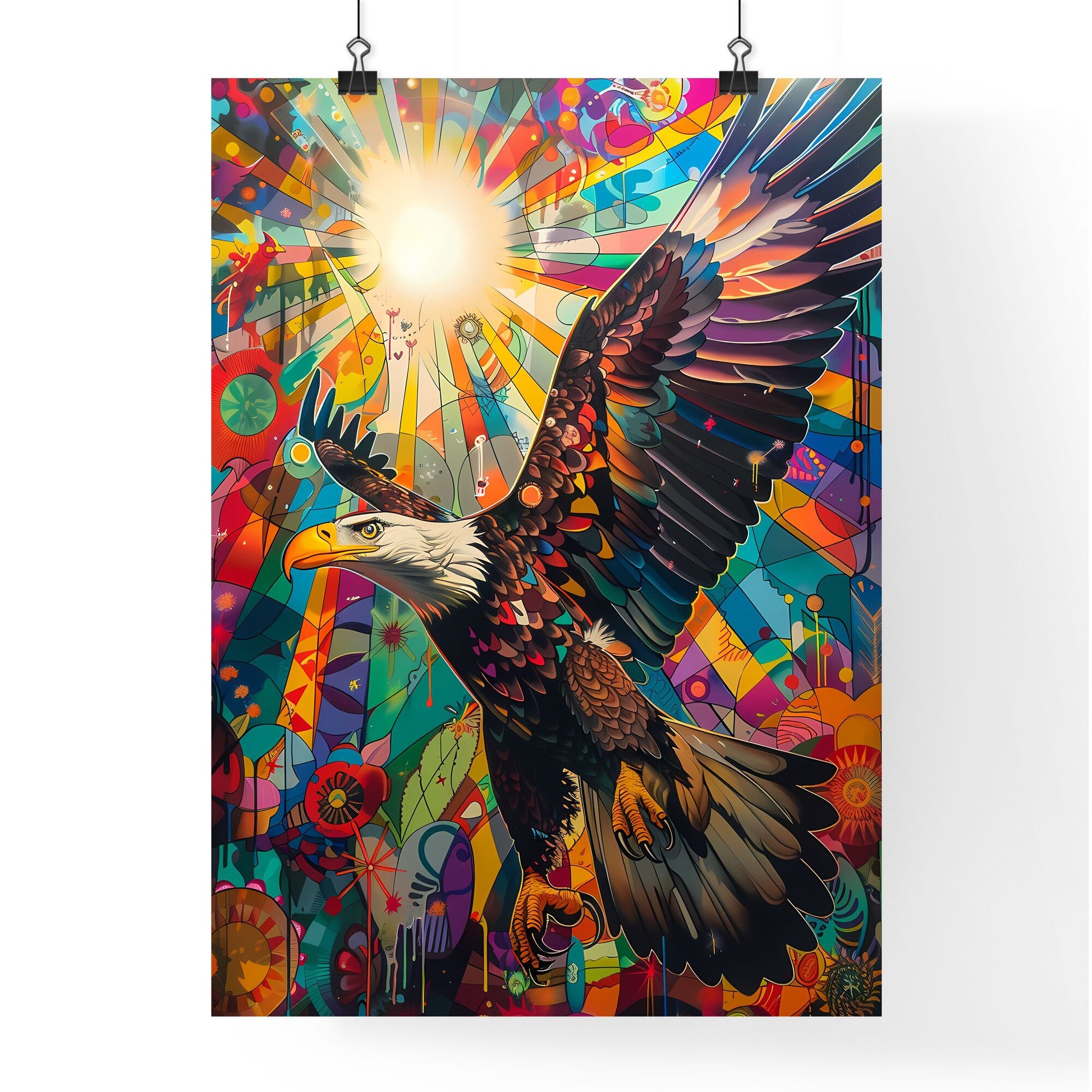 Psychedelic Eagle Painting: Vibrant Pop Art Deco Landscape with Sunlight and Stained Glass Elements Default Title