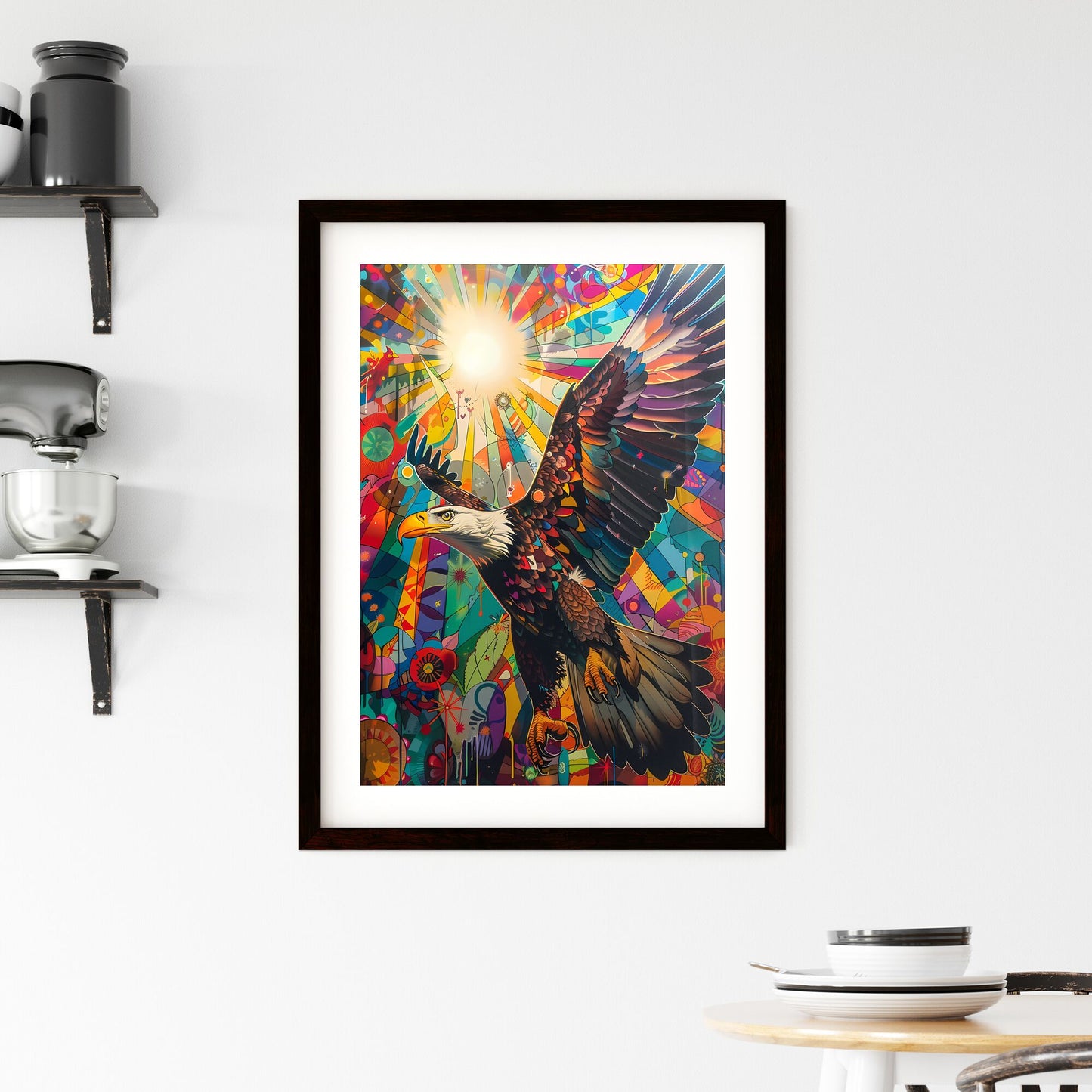 Psychedelic Eagle Painting: Vibrant Pop Art Deco Landscape with Sunlight and Stained Glass Elements Default Title
