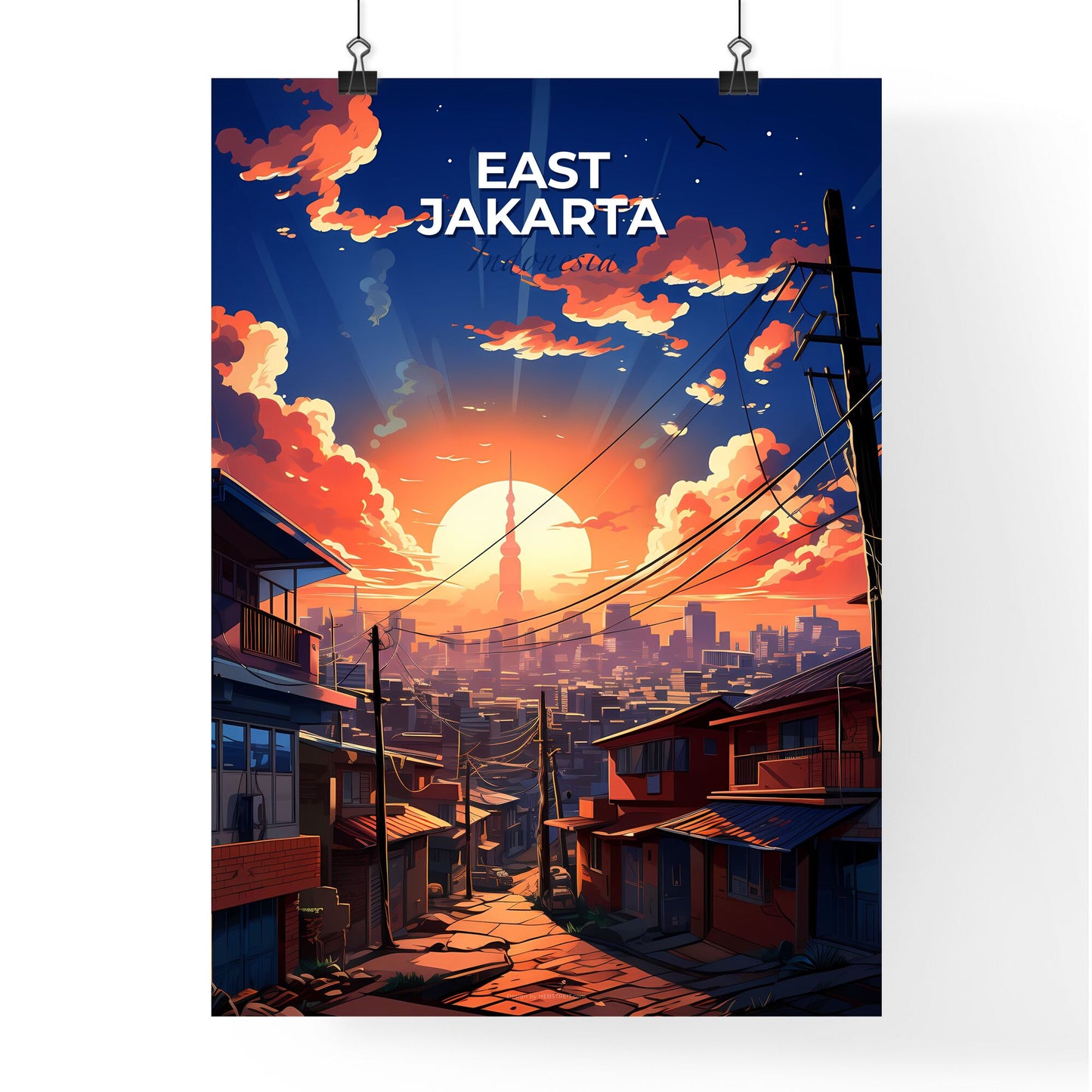 Artistic Indonesian cityscape sunset skyline with buildings powerlines Default Title