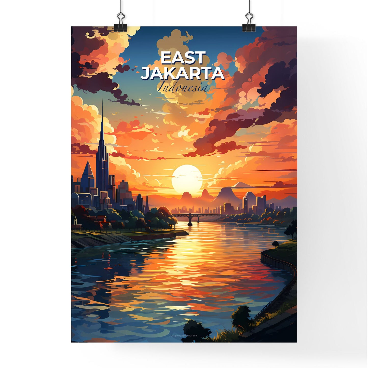 Vibrant Sunset Over Jakarta Skyline - Artistic Riverbank Cityscape Default Title