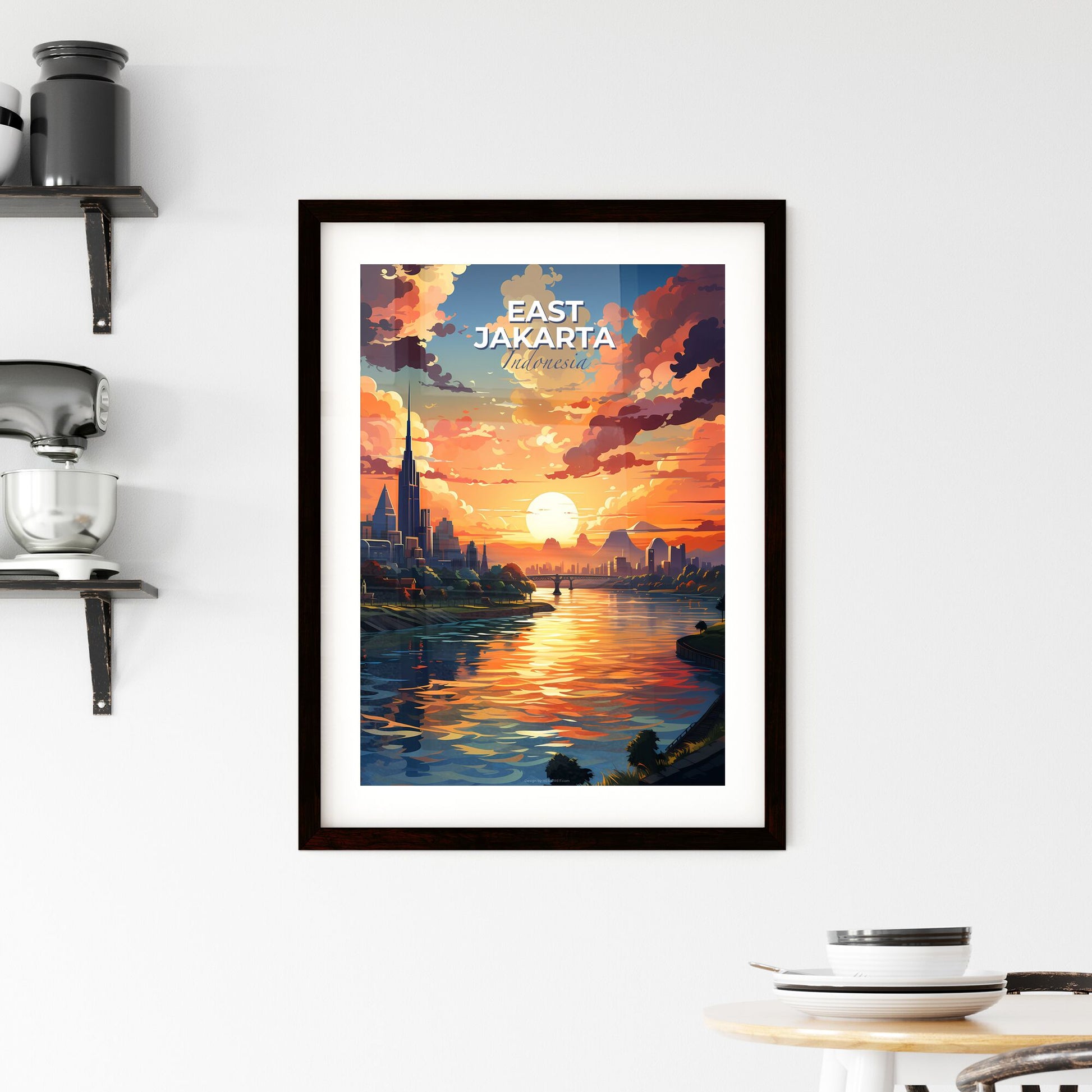 Vibrant Sunset Over Jakarta Skyline - Artistic Riverbank Cityscape Default Title