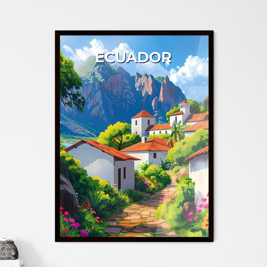 Vibrant Ecuadorian Landscape Painting: Colorful Village Nestled Amidst Mountains and Lush Greenery Framed Art
