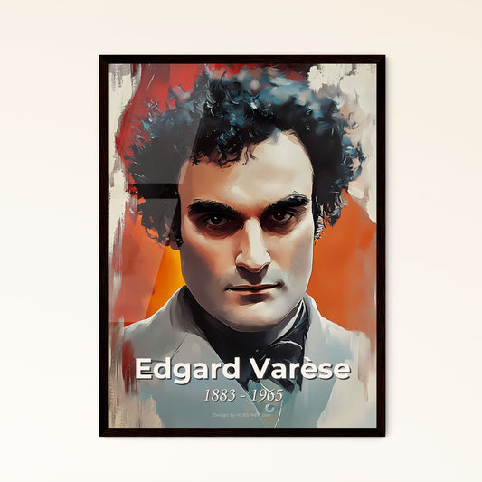 Portrait of Edgard Varèse, 1883 - 1965. Impressionistic painting of a man with curly hair and a bow tie.