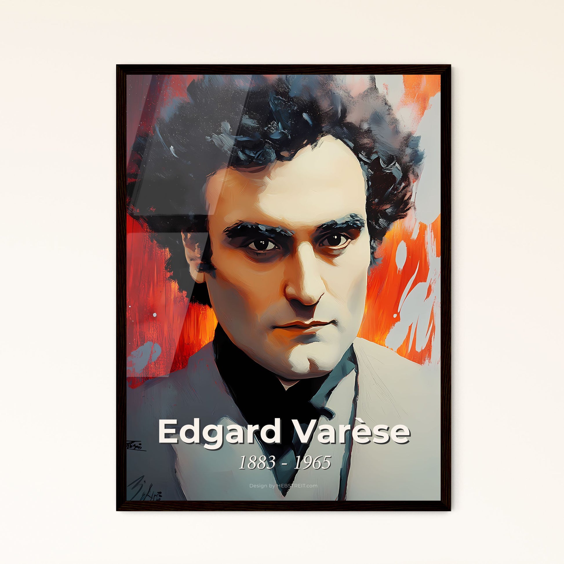 Portrait of Edgard Varèse, 1883 - 1965. Impressionistic painting of a man with curly hair and a black tie.