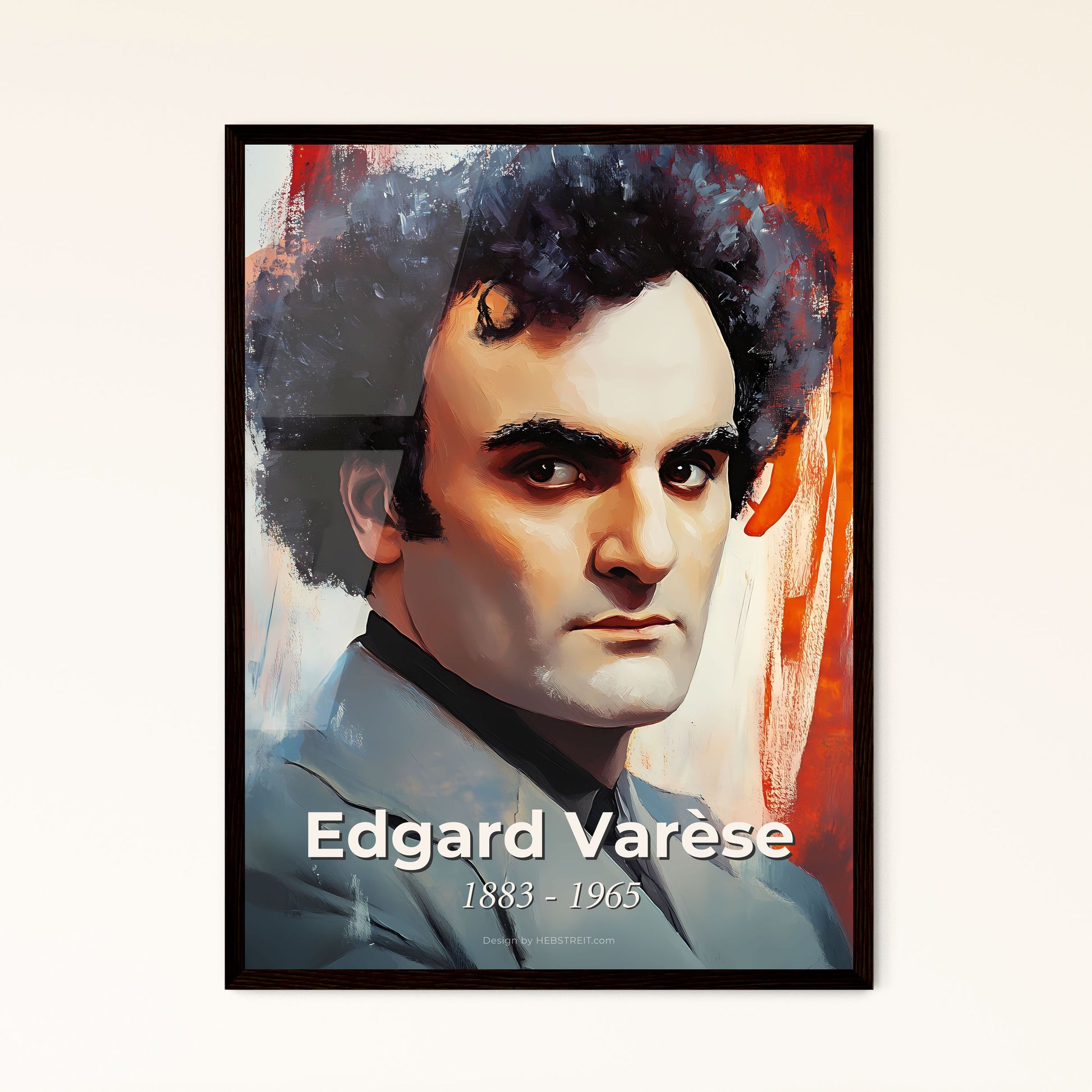 Portrait of Edgard Varèse, 1883 - 1965. Impressionistic painting of a man with curly hair and a suit.