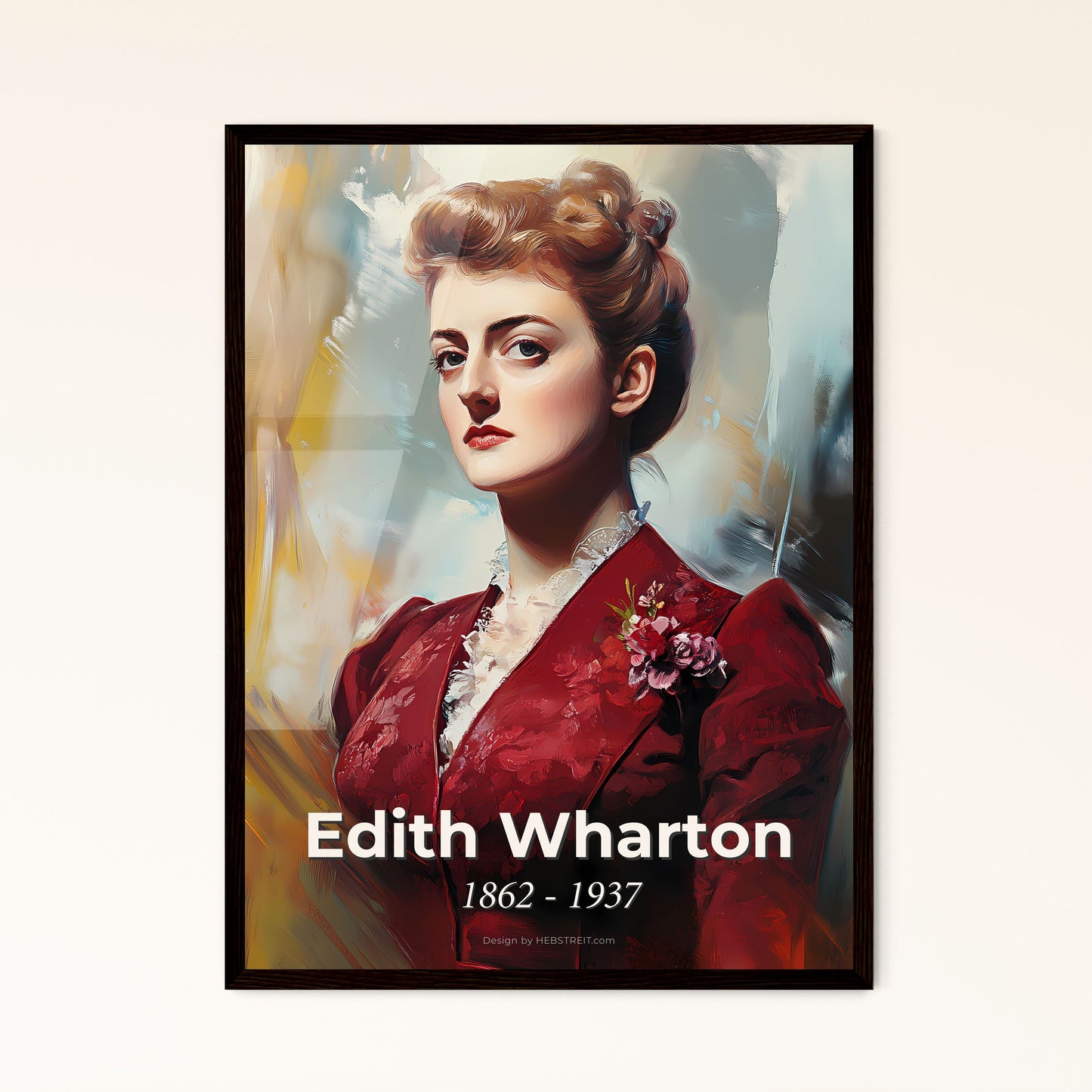 Portrait of Edith Wharton, 1862 - 1937. Impressionistic painting of a woman in a red dress.