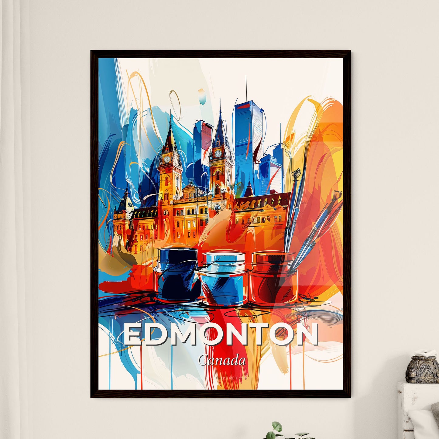 Vibrant Edmonton, Canada - A Painting Of A Building With A City In The Background