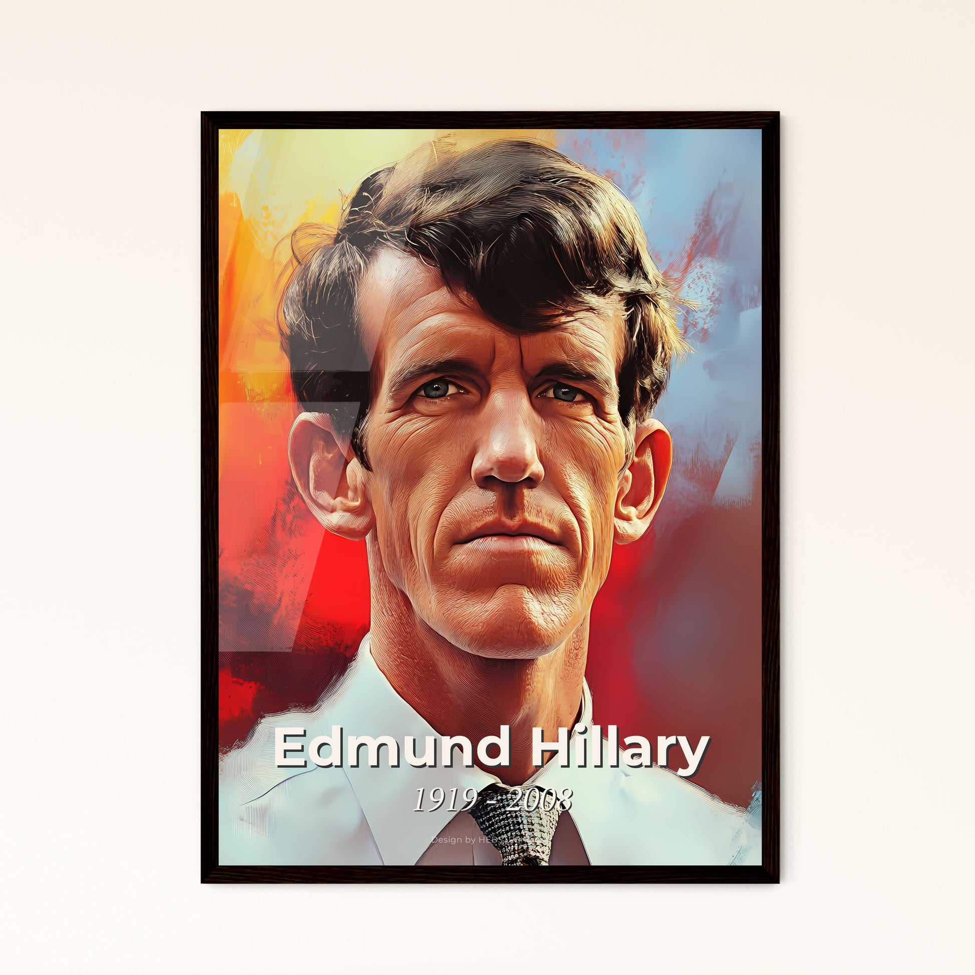 Portrait of Edmund Hillary, 1919 - 2008. Impressionistic painting of a man in a white shirt and tie.