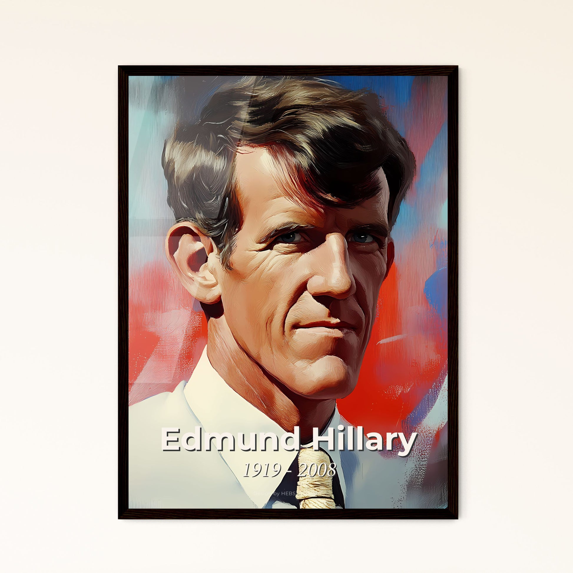 Portrait of Edmund Hillary, 1919 - 2008. Impressionistic painting of a man in a white shirt and tie.