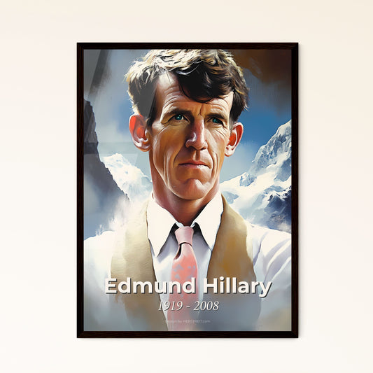 Portrait of Edmund Hillary, 1919 - 2008. Impressionistic painting of a man in a tie.