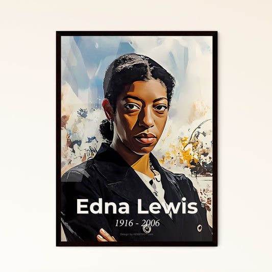 Portrait of Edna Lewis, 1916 - 2006. Impressionistic painting of a woman with her arms crossed.