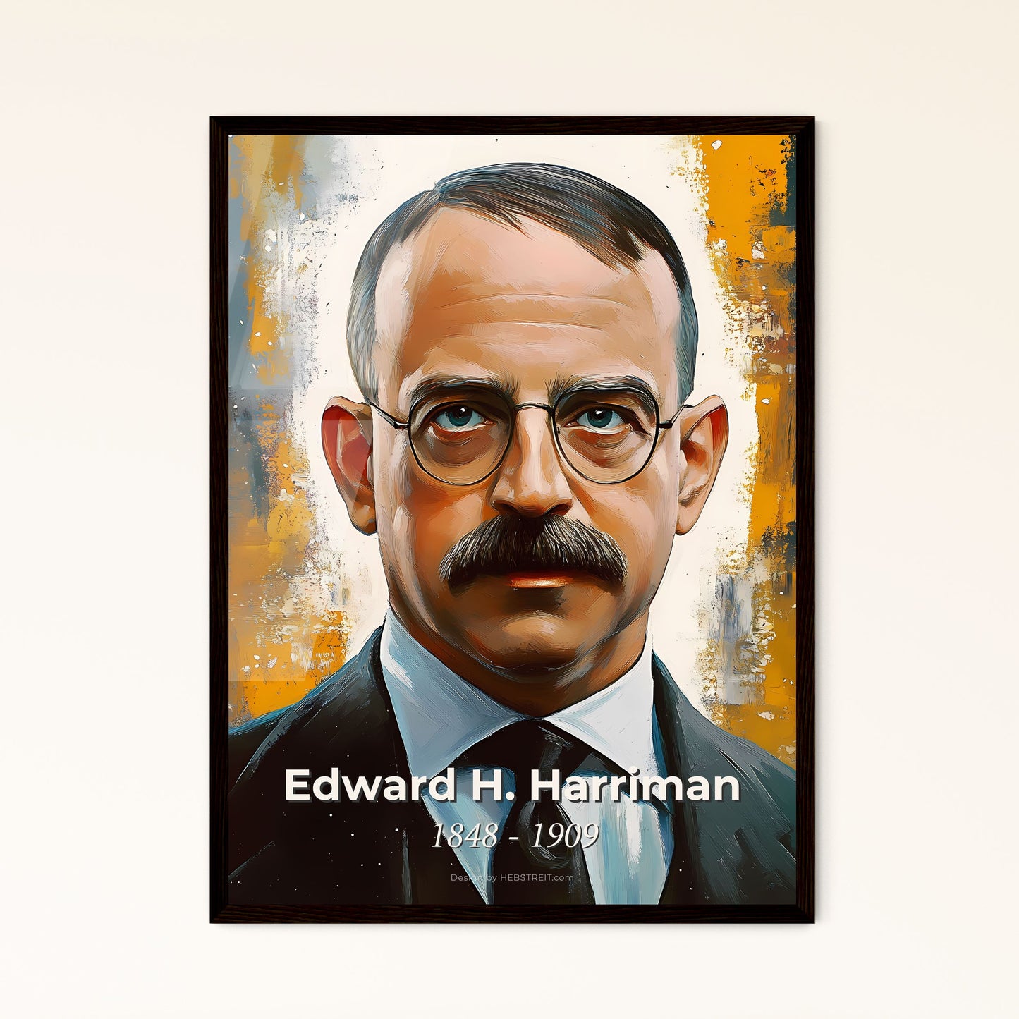 Portrait of Edward H. Harriman, 1848 - 1909. Impressionistic painting of a man with a mustache wearing glasses and a suit.