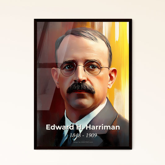 Portrait of Edward H. Harriman, 1848 - 1909. Impressionistic painting of a man with a mustache wearing glasses and a suit.